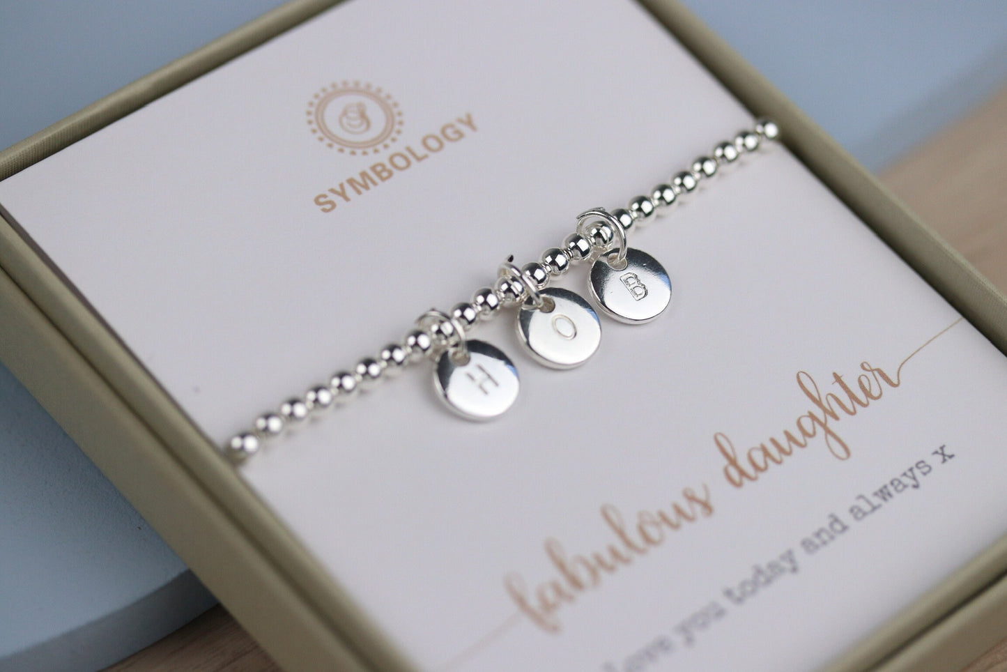 Personalised Initial Silver Daughter Bracelet, Sterling Silver Plated Beaded Elastic Birthstone Bracelet, Daughter Gift, Daughter in Law