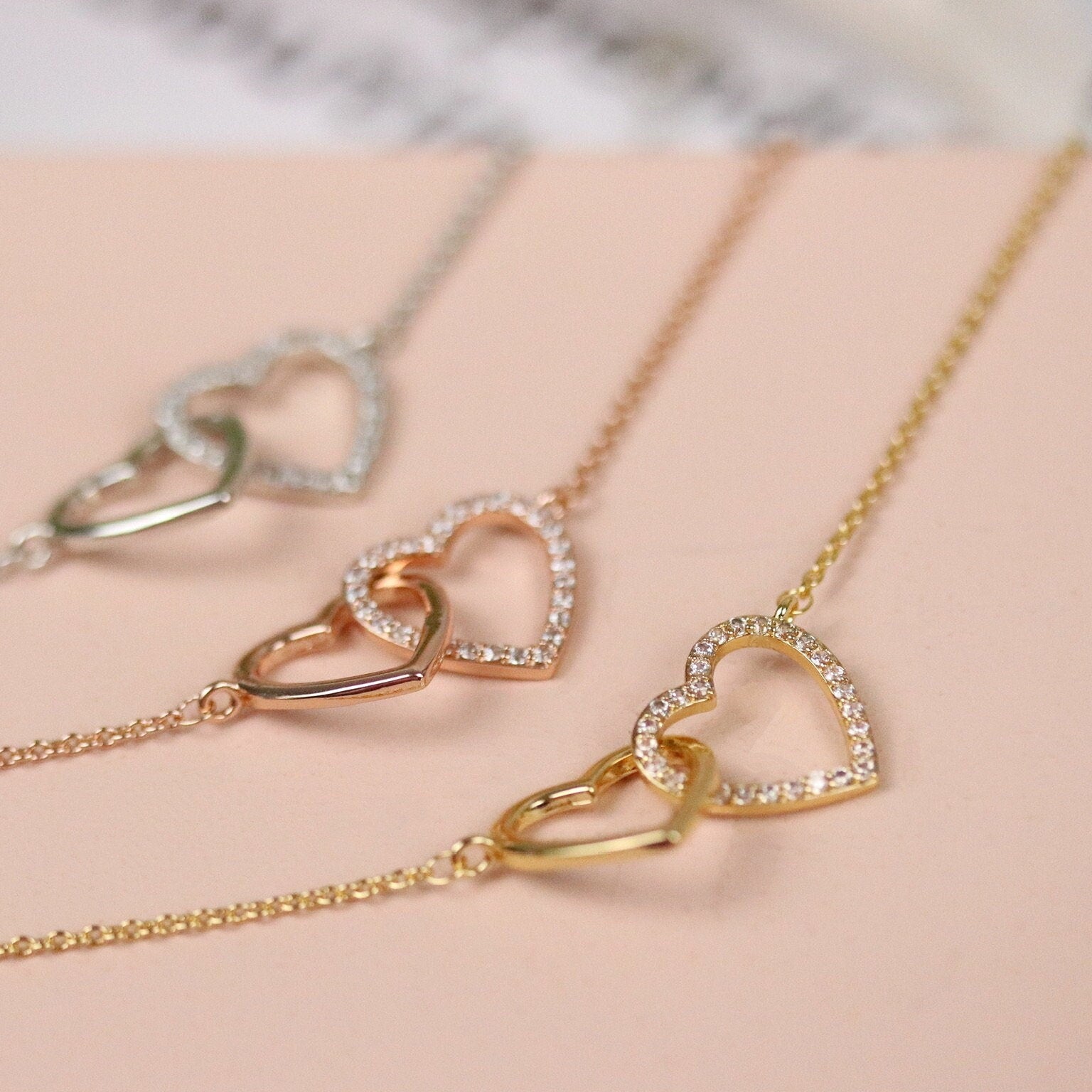 Gold Sister Double Love Heart Necklace / Sister Gift / CZ Pave Minimalist Charm Necklace / Bestie Gift Little Sister Big Sister Gift for Her