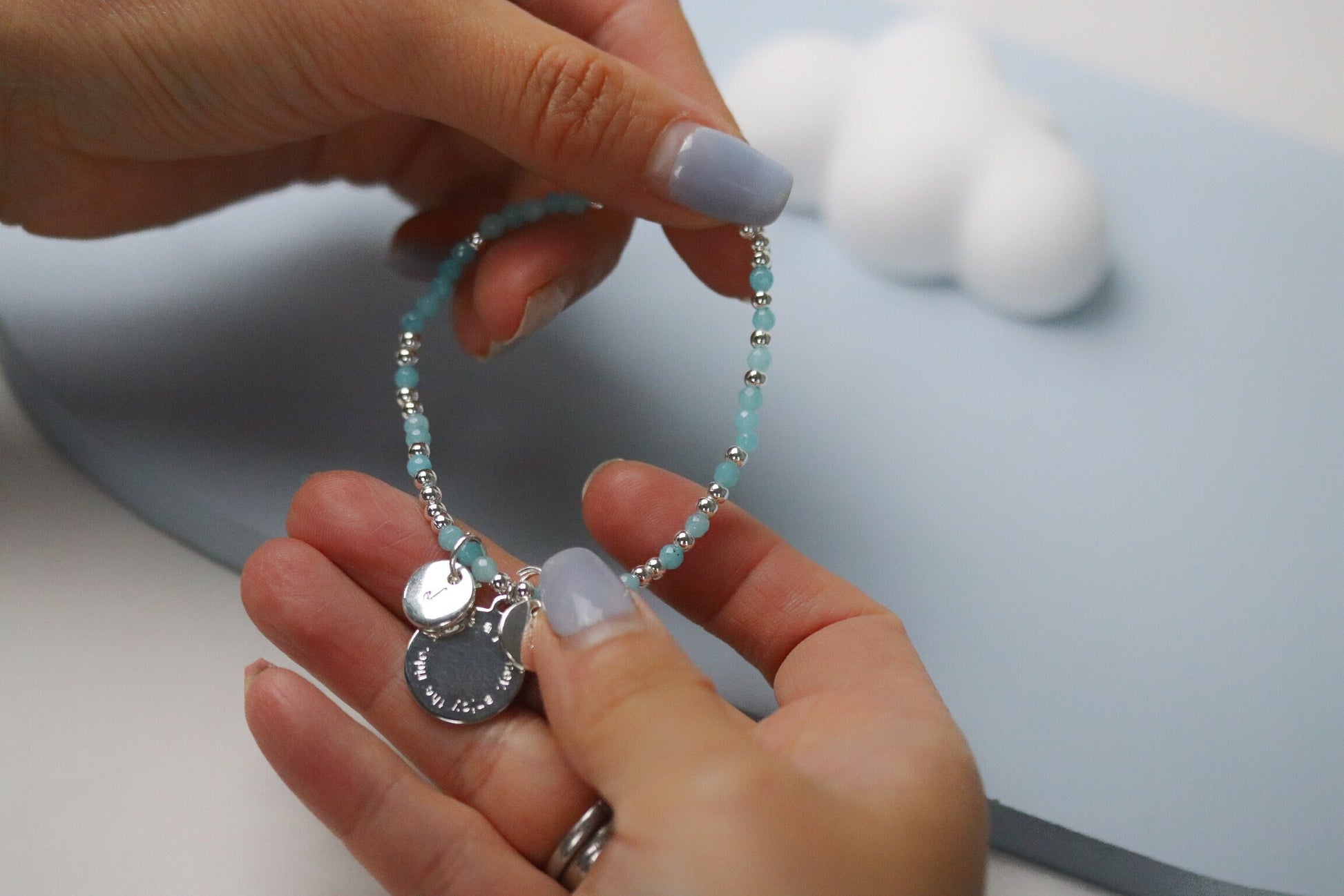 Personalised Alphabet Bracelet, Dainty Initial Sister Bracelet, Silver Blue Natural Beads Bangle, Stackable Gemstone Bracelet, Gift for Her