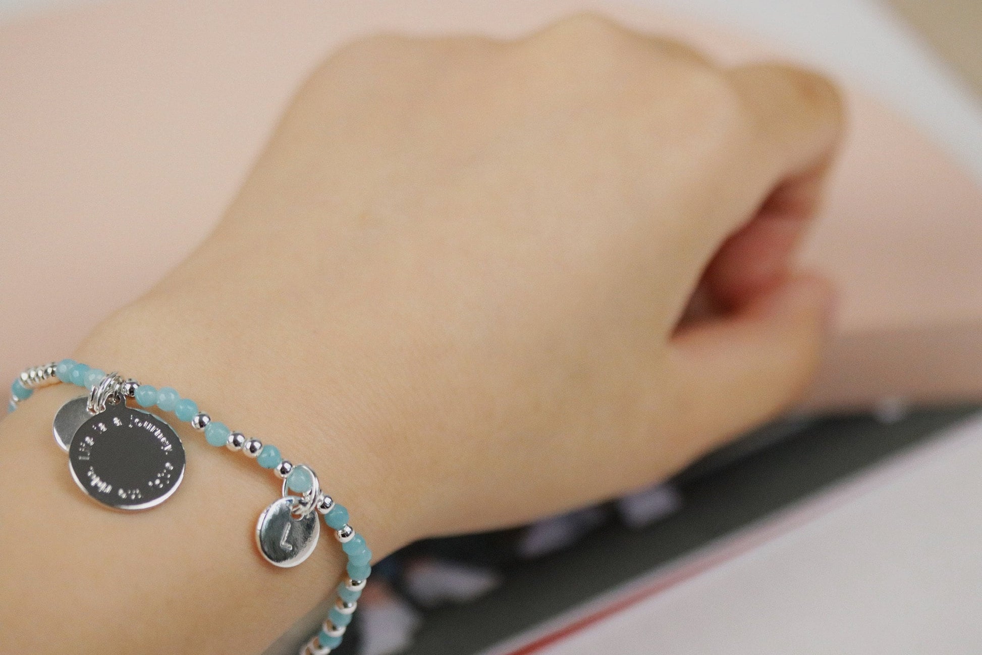 Personalised Alphabet Bracelet, Dainty Initial Sister Bracelet, Silver Blue Natural Beads Bangle, Stackable Gemstone Bracelet, Gift for Her